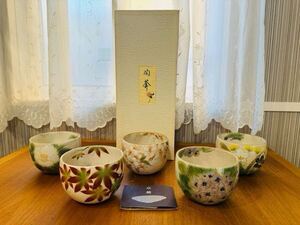 【未使用】京焼 陶あん窯 土渕陶あん 色絵 玉湯呑 茶碗 煎茶器揃 茶道具 絵がわり 花柄 5客セット まとめて