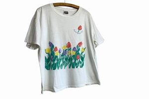 グッドプリント!!90sビンテージTULTEXタルテックスBurlingtonバーリントンチューリップアートコットンTシャツXL白ホワイトアメカジn23885