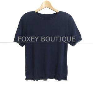 美品 FOXEY BOUTIQUE フォクシーブティック 38 S 裾フリル チュール クルーネック 半袖 ニット カットソー セーター トップス 紺 ネイビー