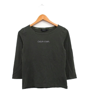 カルバンクラインジーンズ Calvin Klein Jeans 国内正規品 カットソー Tシャツ 七分袖 コットン ビジュー ロゴ L カーキ /KT2 レディース