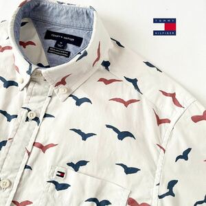 トミーヒルフィガー TOMMY HILFIGER ボタンダウン コットン ストレッチ 半袖シャツ M アイボリー ホワイト 総柄 プリント シャツ