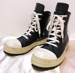 RICK OWENS リックオウエンス 16SS ラモーンズレザースニーカー 41 ハイカット ramons ブラック　ミルク　革　サイドジップ　変え紐付き