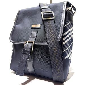 極美品●名作●BURBERRY BLACK LABEL バーバリーブラックレーベル ナイロン＆本革 ミニショルダーバッグ サイドノバチェック 黒 メンズ