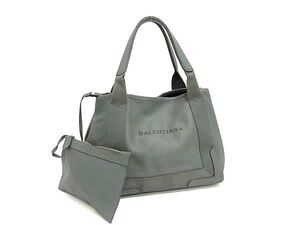 1円 ■美品■ BALENCIAGA バレンシアガ ネイビーカバスS レザー パンチング トートバッグ ショルダー 肩掛け レディース グレー系 FG3265