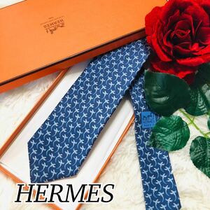 9 HERMES ネクタイ エルメス ブランドネクタイ 男性 紳士 総柄 結婚式 ビジネス ネイビー 新品未使用