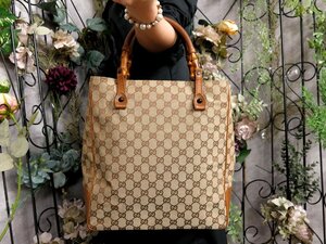 ●超美品●GUCCI グッチ●バンブー●GGキャンバス カーフ レザー 本革●トート バッグ●ベージュ キャラメル●腕掛け●A4 かばん●Js53187