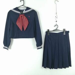 1円 セーラー服 スカート スカーフ 上下3点セット 160A 冬物 白3本線 女子 学生服 福岡筑紫女学園高校 紺 制服 中古 ランクB EY0440