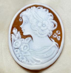 【シェルカメオ】40.0×30.0mm 4.4gルース 彫刻 貴婦人 SHELL カメオブローチ ルース shell CAMEO jewelry 作家物 アンティーク stone