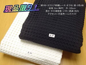 綿100 スクエア刺繍レース やや薄 オフ白/黒 2色2枚 総長6m