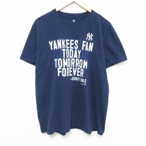 L/古着 半袖 Tシャツ メンズ MLB ニューヨークヤンキース コットン クルーネック 紺 ネイビー メジャーリーグ ベースボール 野球 24mar