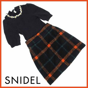 ▼△SNIDEL（スナイデル）◎ビジューニットコンビワンピース◎サイズ0◎ネイビー×オレンジ◎レディースワンピース