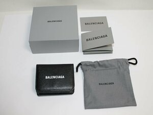 中古 美品 BALENCIAGA 三つ折り財布 593813 レザー 黒 ブラック コンパクト財布 ミニウォレット メンズ レディース 財布 バレンシアガ USED