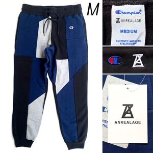 新品レア Champion チャンピオン x ANREALAGE アンリアレイジ コラボ パッチワーク スウェット パンツ M 定2.97万 メンズ ネイビー