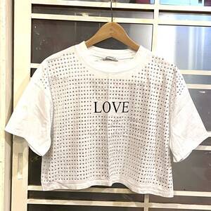 ビッグTシャツ ZARA TRAFALUC ビジュー スタッズ LOVE ホワイト Tシャツ 大きめ ゆったり ショート丈