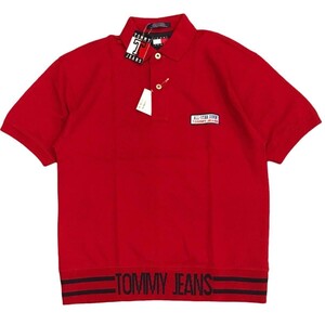 【デッドストック】90s TOMMY JEANS トミーヒルフィガー 半袖ポロシャツ メンズM レッド 赤 裾ロゴ コットン ヴィンテージ 新品 レア 正規