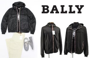 48万新品◆54=XXL◆BALLY バリー 上質ラムレザー×バリーストライプ 表裏リバーシブル仕様 フード付きフロントジップ型ジャケット 黒 1円