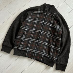 美品 BURBERRY LONDON バーバリー ノバチェック ウール ニット ジャケット ブルゾン M ブラウン 日本製 シルク混 ジップアップ 三陽商会