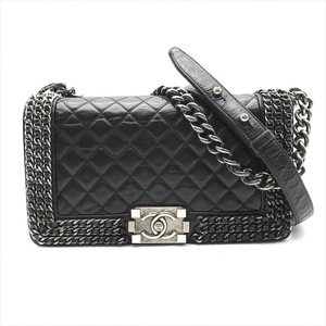 美品 CHANEL シャネル ボーイシャネル ラム ココマーク チェーン ショルダー バッグ ブラック k1589