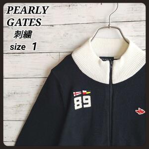 【美品】PEARLY GATES パーリーゲイツ ニットジップジャケット 黒白 サイズ1 刺繍 裏地なし パーリーゲイツ レディース パーリーゲイツ1