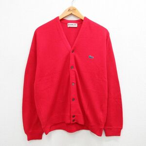 L/古着 ラコステ LACOSTE IZOD 長袖 ニット カーディガン メンズ 80s Vネック 赤 レッド 23sep22 中古 トップス 2OF