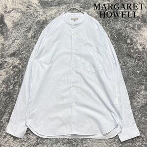 MARAGARET HOWELL マーガレットハウエル メンズ バンドカラーシャツ ノーカラー 長袖 ストライプ Lサイズ 着用感の少ない美品