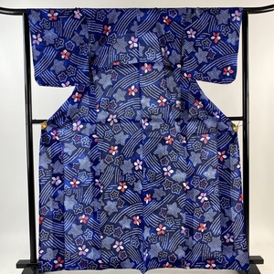 浴衣 身丈163cm 裄丈64cm M 絞り浴衣 花 流水 青 綿 名品 【中古】