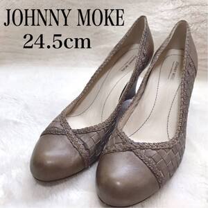 未使用品 JOHNNY MOKE ウェッジ パンプス 編み込み ブラウン レザー イントレチャート