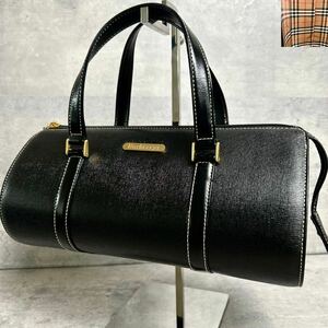 ●希少/極美品● BURBERRY バーバリー ハンドバッグ ミニボストン ミニドラム型 筒形 ノバチェック シャドーホーム オールレザー ブラック