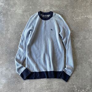 Abercrombie&Fitch A&F アバクロ カシミヤ100% ムース刺繍 リブ バイカラー サーマル ニット プルオーバー セーター メンズ(M) 水色×紺