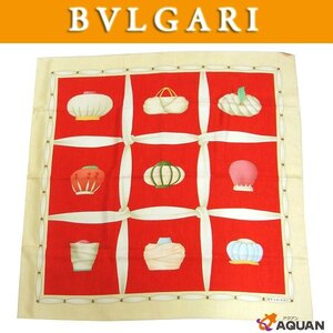 BVLGARI ブルガリ スカーフ カレ ベージュ×レッド シルク aq10474