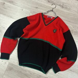 フレッドペリー　FRED PERRY 80s 畦編み　チルデンニット ニット　セーター　美品　古着　エンブレム　L Vネック ゆったり　レッド　レア