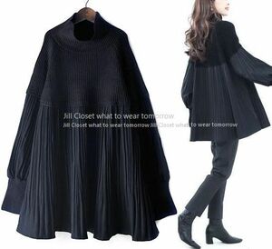 新品【送料185円】BLACK*伸縮◎異素材切り替え リブニット×プリーツ加工*Aラインシルエット*スタイルカバー◎プルオーバー*チュニック3167