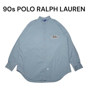 90sポロラルフローレン　ロゴ刺繍　ノーカラーシャツ　古着　POLO Ralph Lauren