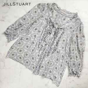 美品 JILLSTUART ジルスチュアート シルク 七分袖リボンフリルブラウスシャツ シースルー トップス レディース グレー サイズS*RC425