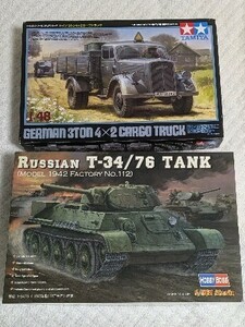 1/48 ミリタリーモデルセット ◎ドイツ3トンカーゴトラック/タミヤ、T34/76/ホビーボス◎1/48　プラモデル2点セット◎未開封・ 未組立品