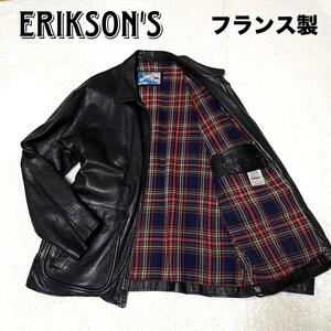 美品 フランス製 ERIKSONS エリクソンズ シュリンクレザー シボ革 レザージャケット チェック裏地 ハリントン ブラック 黒 L