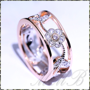 [RING] Rose & White Gold Plated Flower Design Hollow Ring フラワー リーフ CZ 透彫 デザイン 8mm リング 11号
