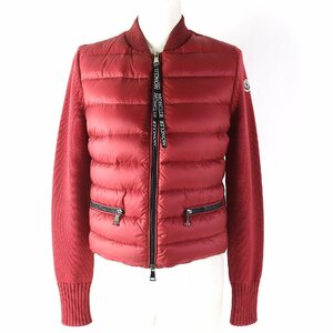 極美品△MONCLER モンクレール 2019年製 MAGLIONE TRICOT CARDIGAN 袖ニット切替 ロゴパッチ付き ダウンジャケット レッド系 XS 正規品