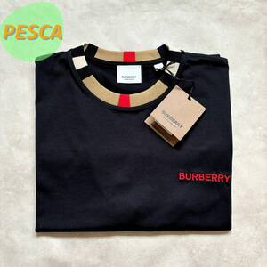 【新品未使用タグ付き】 BURBERRY バーバリー 刺繍ロゴ ネックチェック コットンロングスリーブ 長袖 ロングTシャツ　S　ブラック