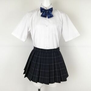 1円 ブラウス マイクロミニスカート リボン 上下3点セット 160 夏物 女子 学生服 中学 高校 白 制服 中古 ランクB NA8946