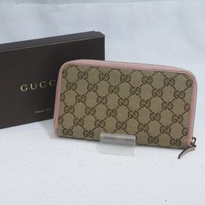 USED品・保管品 GUCCI グッチ 363423 GGキャンバス ラウンドファスナー 長財布 ベージュ×ピンク ○G刻あり アウトレット品 外箱付