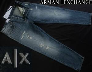 新品★アルマーニ★ダメージ リペア インディゴ デニム ジーンズ★テーパード ジーパン Gパン ヒゲ W36(XL)★AX ARMANI☆455