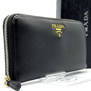 現行◆極美品◆PRADA プラダ 長財布 ロングウォレット サフィアーノレザー ゴールドロゴ ラウンドファスナー ブラック メンズ レディース