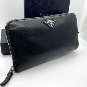 極美品 PRADA プラダ 長財布 三角ロゴ ラウンドファスナー サフィアーノレザー 黒 ラウンドジップ 金具 ブラック ロングウォレットWALLET