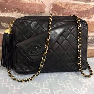 H136 シャネル マトラッセ フリンジ ショルダーバッグ【美品】CHANEL ラムスキン ココマーク ブラック ゴールドチェーン タッセル 希少