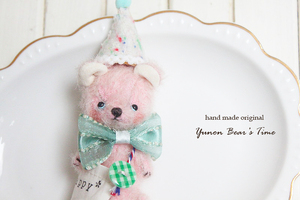 ○*YunonBear’sTime*○テディベア/ピンク/ぬいぐるみ/handmade/ベア/ミニチュア/オリジナル/ドール/くま/8㎝/リボン/パーティー/送料込