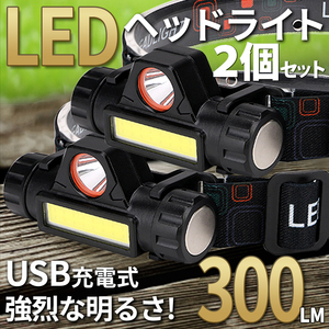 LED ヘッドライト USB 屋外 充電式 アウトドア キャンプ 登山 高輝度 磁石搭載 集光 散光切替 2個セット MA0205-2