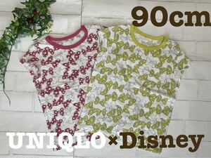 2着セット★UNIQLO×Disney+ミニー+90+ミニー+ピンク+ライトグリーン+半袖Tシャツ+80+85+ユニクロ