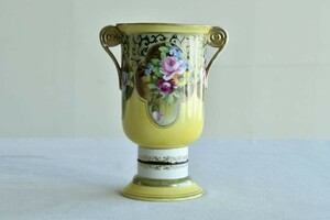 【古美術】オールド ノリタケ 黄地花文花瓶 洋インテリア ディスプレイ 花瓶 Noritake 金彩 二耳壺 西洋陶磁