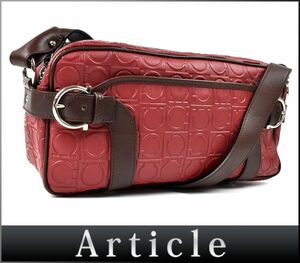 178822◆ Ferragamo フェラガモ ガンチーニ ショルダーバッグ 斜めがけ PVC レザー レッド ブラウン シルバー金具 レディース/ B